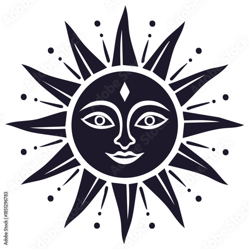Stylized sun face with rays and dots emitting warmth and light