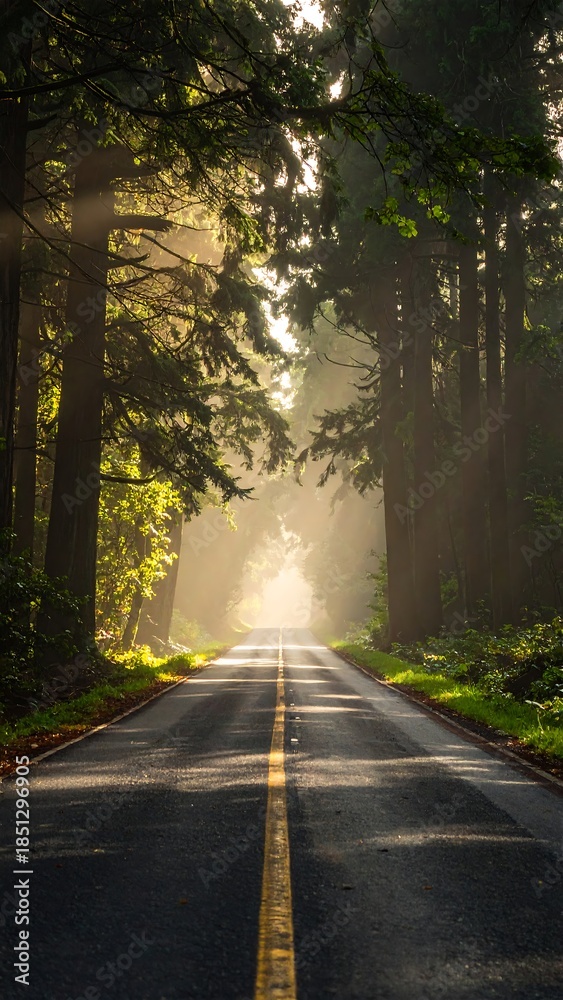Obraz premium Sunlit path through redwood forest