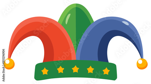 Whimsical Jester Hat: Red, Green, and Blue Cap with Golden Bells and Stars for Fun Celebrations