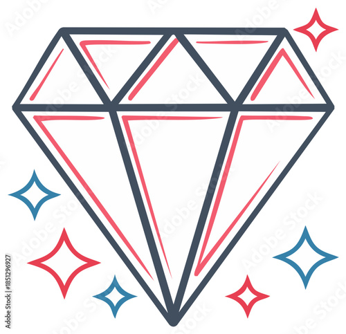 Stylized diamond icon with shimmering starbursts symbolizing preciousness, elegance