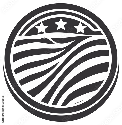 Patriotic circular emblem with three stars and abstract wavy stripes like a flag or field
