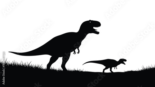 Silhouette of two dinosaurs walking on grassy terrain black white