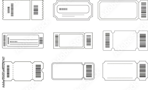 Outline vector set of nine blank admission ticket templates, featuring various shapes, barcodes, and perforation stubs for event design.