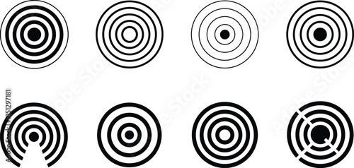 Eight Vector Concentric Circle Sound Wave Bundle: Minimalist Bullseye, Target, and Radar Symbols for Focus, Precision, and Digital Design.