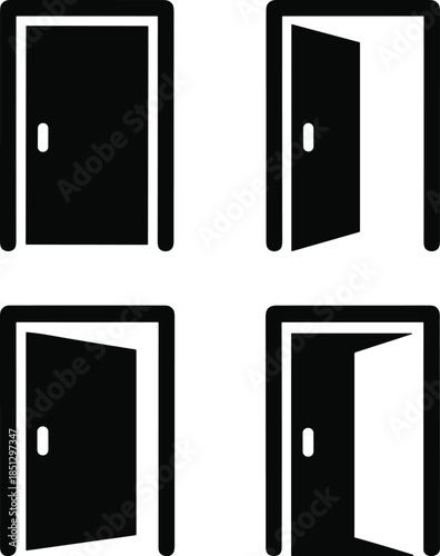 Essential set of four black door icons illustrating closed, ajar, and wide-open entrances, symbolizing critical decisions, access, and future opportunity.
