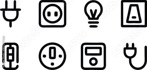 Electrical outlet and plug vector set modern switch and bulb in flat design on transparent background