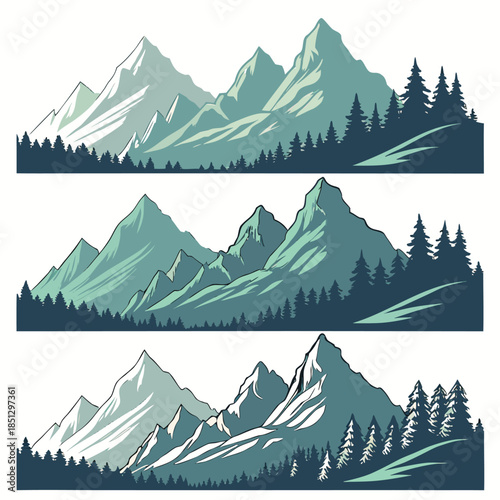 Mountain landscape with snow and trees in various styles Vector