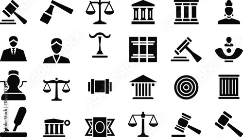 Authoritative collection of black silhouette icons representing law, justice, and the court system, emphasizing fairness, legal authority, and judicial process.