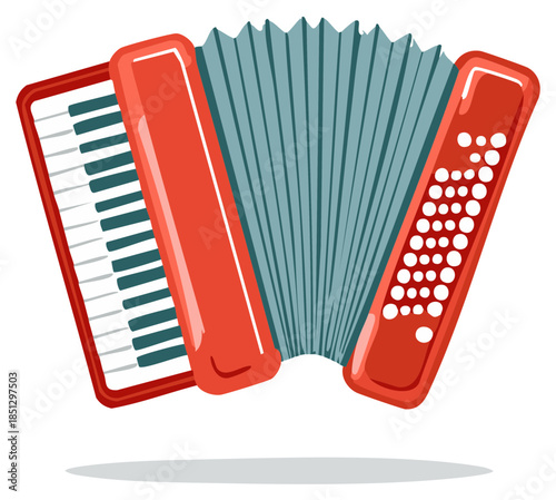 Red Accordion Musical Instrument with Piano Keys and Buttons