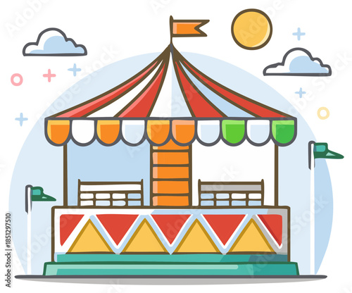 Bright Cartoon Carousel Ride at Fairground under Sunny Blue Sky Illustration