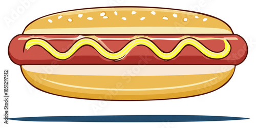 Classic Hot Dog with Yellow Mustard in a Sesame Seed Bun Vector Graphic