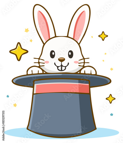 Cute white bunny rabbit popping out of a magician's hat with stars