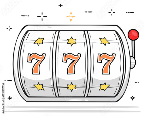 Cartoon slot machine with triple lucky sevens and stars showing jackpot win