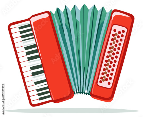 Classic red accordion musical instrument featuring a keyboard and bellows vibrant vector illustration