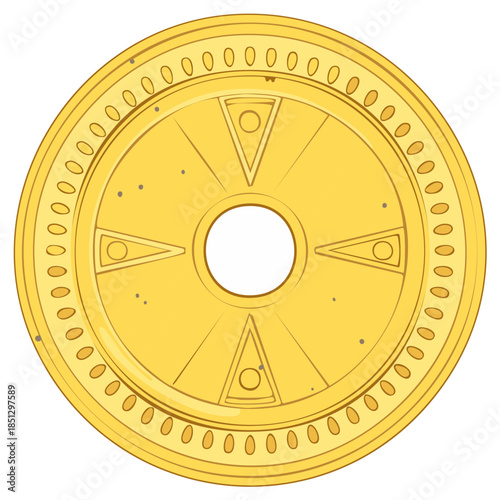 Golden Emblem Featuring Circular Detailing and Triangle Segments with a Central Aperture