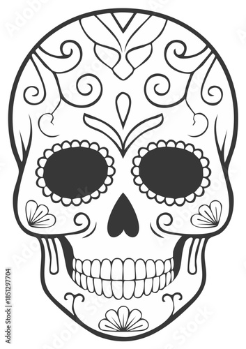 Intricate black and white Sugar Skull design with floral and swirling patterns