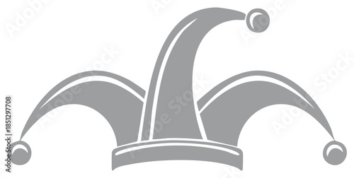 Grey silhouette of a jester hat with bells, graphic illustration design for logo