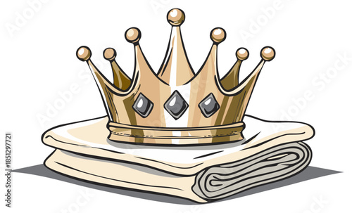Golden crown with gemstones resting on soft folded fabric as symbol of power and royalty.