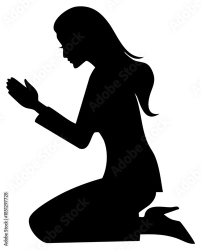 Silhouette of a woman kneeling in prayer with hands clasped together, minimalist black graphic illustration