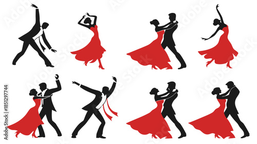 Dancing couple silhouettes in various dance poses Vector