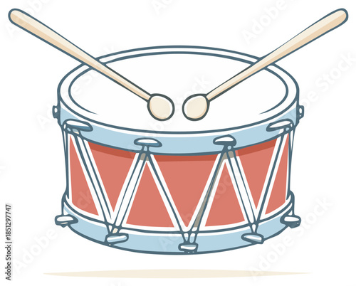 Cartoon snare drum with two drumsticks ready to play music and make noise
