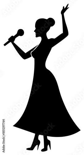 Elegant female singer silhouette performing with a microphone in a long evening gown