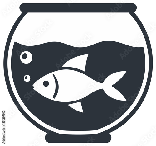 Simple icon of a fish swimming in a round glass bowl with bubbles