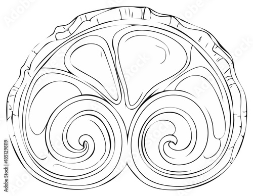 Stylized Seashell Cross Section with Elegant Swirling Lines and Organic Chamber Patterns