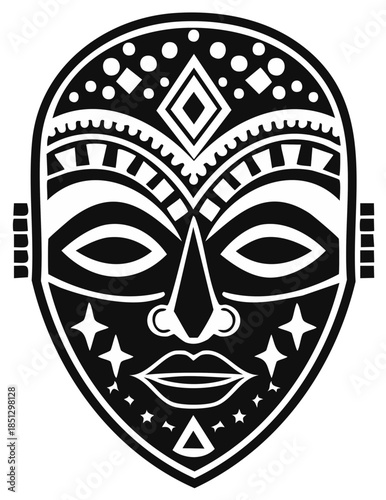 Stylized tribal mask illustration with geometric patterns in black and white