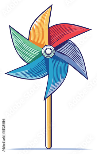 Vibrant pinwheel toy with five colorful blades for outdoor fun and wind power demonstration