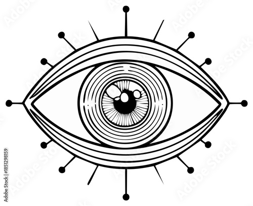 Stylized black and white eye illustration with radiating lines and circular elements symbolizing vision and perception.