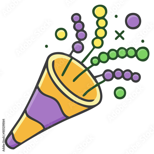 Cartoon illustration of confetti cannon, colorful party popper with stream of confetti