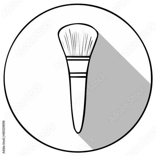 Black and white illustration of a makeup brush in a circle with a shadow effect