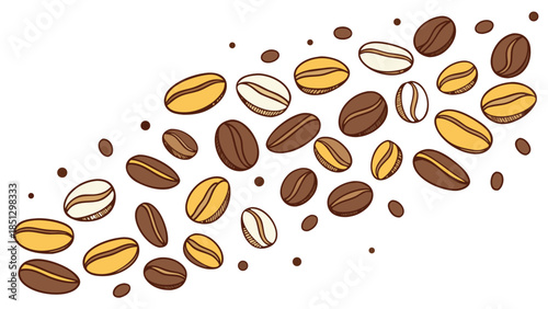 Assorted coffee beans scattered on white background Vector