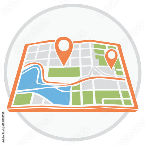 Cartoon Map Illustration with Location Pin Markers in Circle Graphic