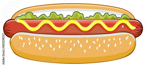 Classic American hot dog with wavy mustard and green relish in a toasted bun vibrant cartoon style