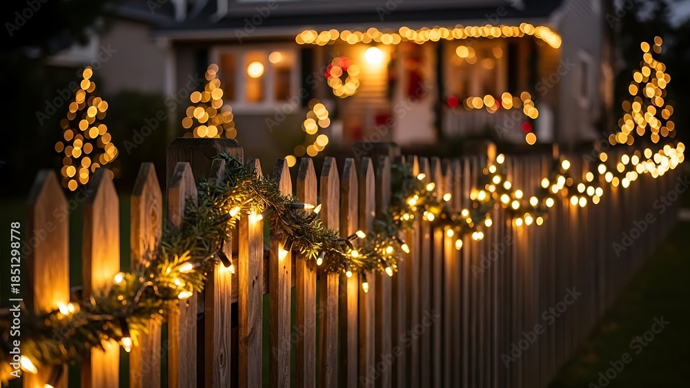 Fototapeta premium Warmly lit christmas fence