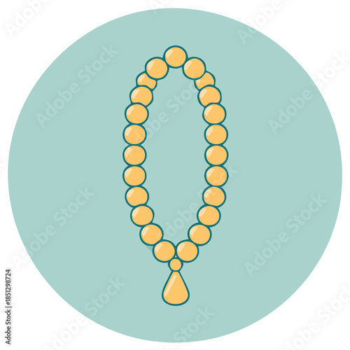 Prayer beads illustration on a blue circle. Islamic rosary with golden beads and a pendant. Muslim worship item design.