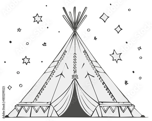 Whimsical hand drawn teepee with decorative tribal patterns and scattered stars