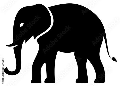 Simple black silhouette of an adult elephant walking, with tusks and trunk