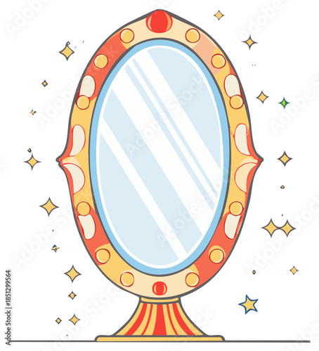 Ornate vintage mirror with shining stars and oval shape for fantasy themed decorative element