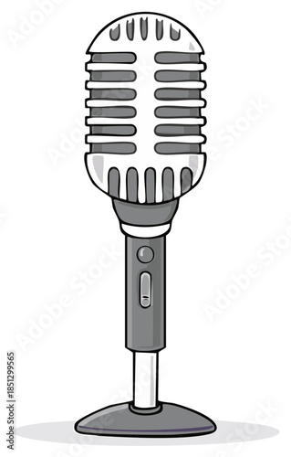 A classic silver retro microphone on a stand in a simple cartoon illustration style