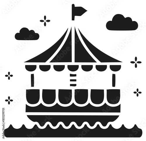 Amusement park boat ride icon with striped tent roof and flag floating on water