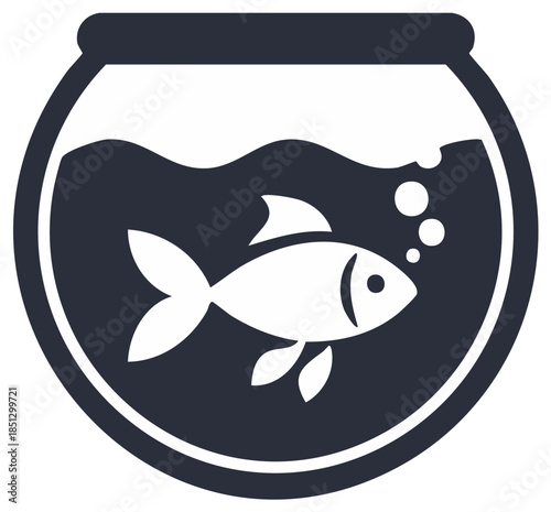 Simple flat icon of a pet fish swimming in a round glass fishbowl with bubbles