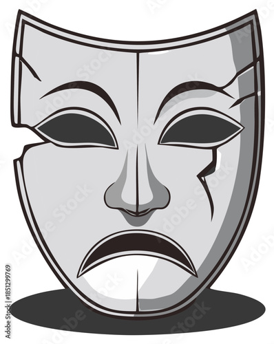 Classic theatrical tragedy mask with cracked surface and sad expression