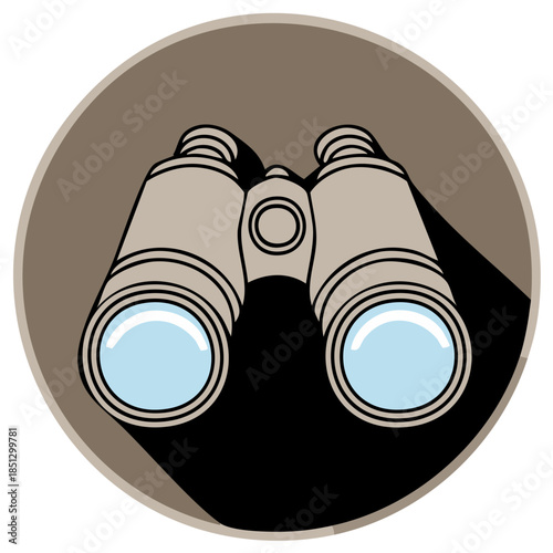 Illustration of Binoculars with Blue Lens and Long Shadow in a Circle Shape
