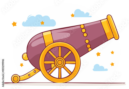 Cartoon cannon with golden wheels and accents surrounded by stars and clouds