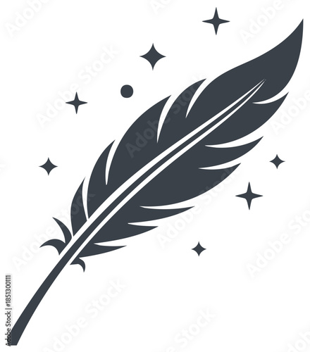 Elegant dark feather with sparkling stars and a dot.