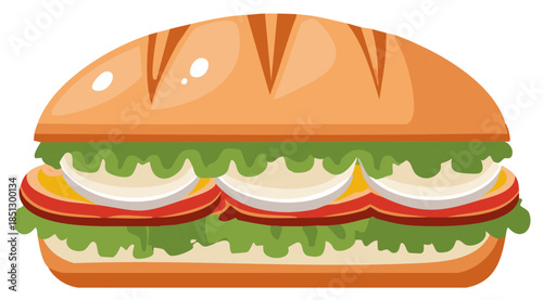 Cartoon sandwich illustration featuring ham, cheese, lettuce, and fresh bread with vector design in bright colors