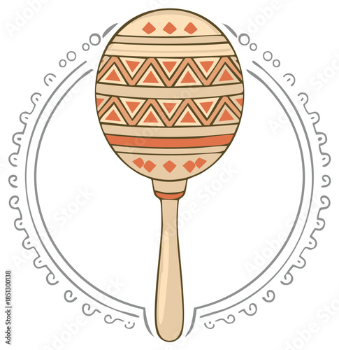 Hand-drawn maraca musical instrument with traditional geometric ornament in a decorative circular frame